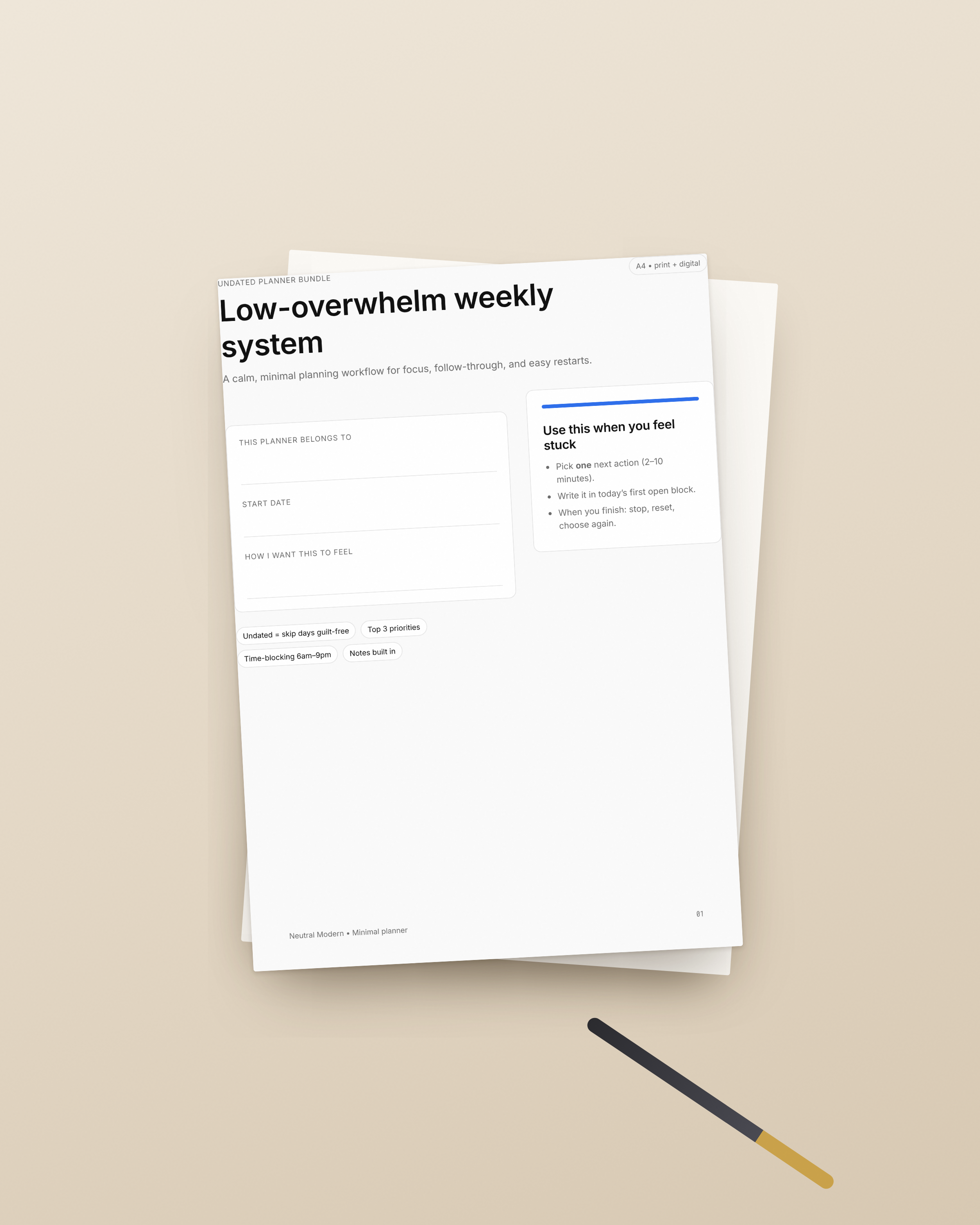 Undated ADHD-Friendly Digital & Printable Planner Bundle (GoodNotes/Notability + A4/Letter) | Minimal, Low-Overwhelm Weekly System